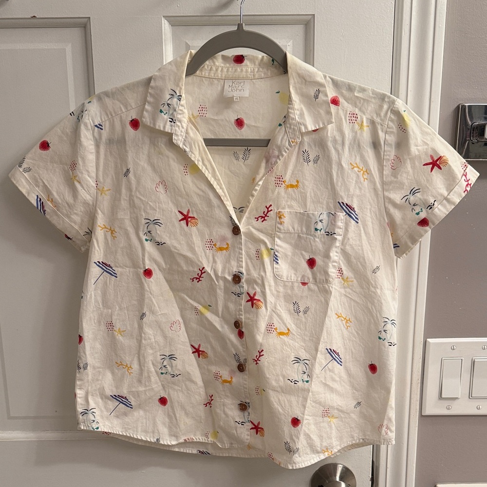 Karl Marc John Citrus Blanc Beach Patterned Button-Up Shirt Crop Short Sleeve